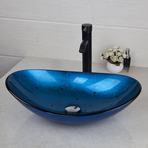 Blue Glass Wash Bowl Vessel Sink Vanity Sinks Oil Rubbed Bronze Bathroom Faucet Combo Set