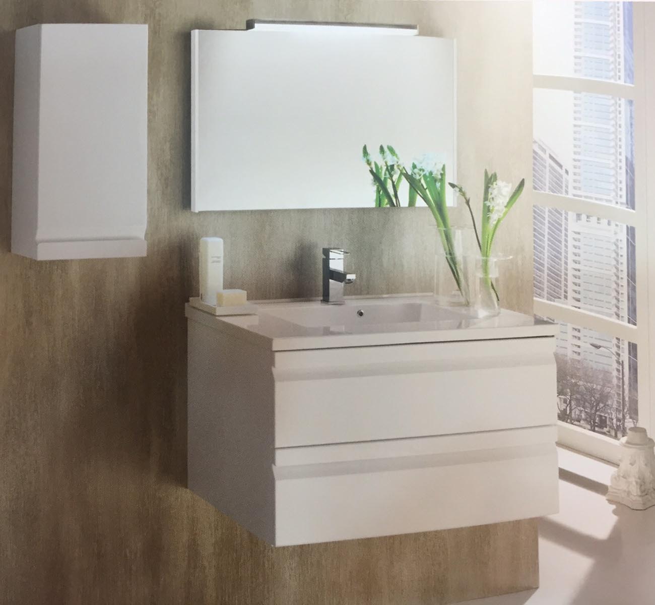 white plywood hanging bathroom cabinet with small side cabinet