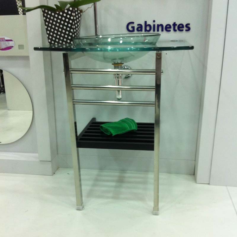 clear glass wash basin with wood shelf and stainless steel stand