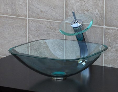 clear Square Glass Vessel Sink chrome waterfall Faucet  free Pop Up Drain  Mounting Ring