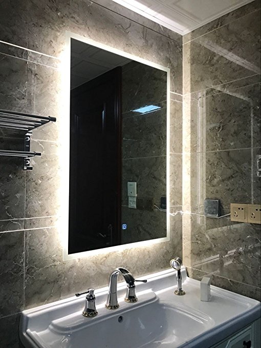 Led Backlit Bathroom Mirror Vanity Square Wall Mount Bathroom Finger Touch Light Mirror