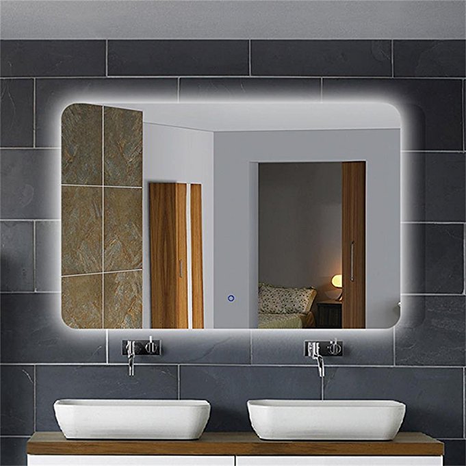 Horizontal LED Lighted Vanity Bathroom Silvered Mirror Touch Button Mirror Make up Mirror Wall Bar Mirror