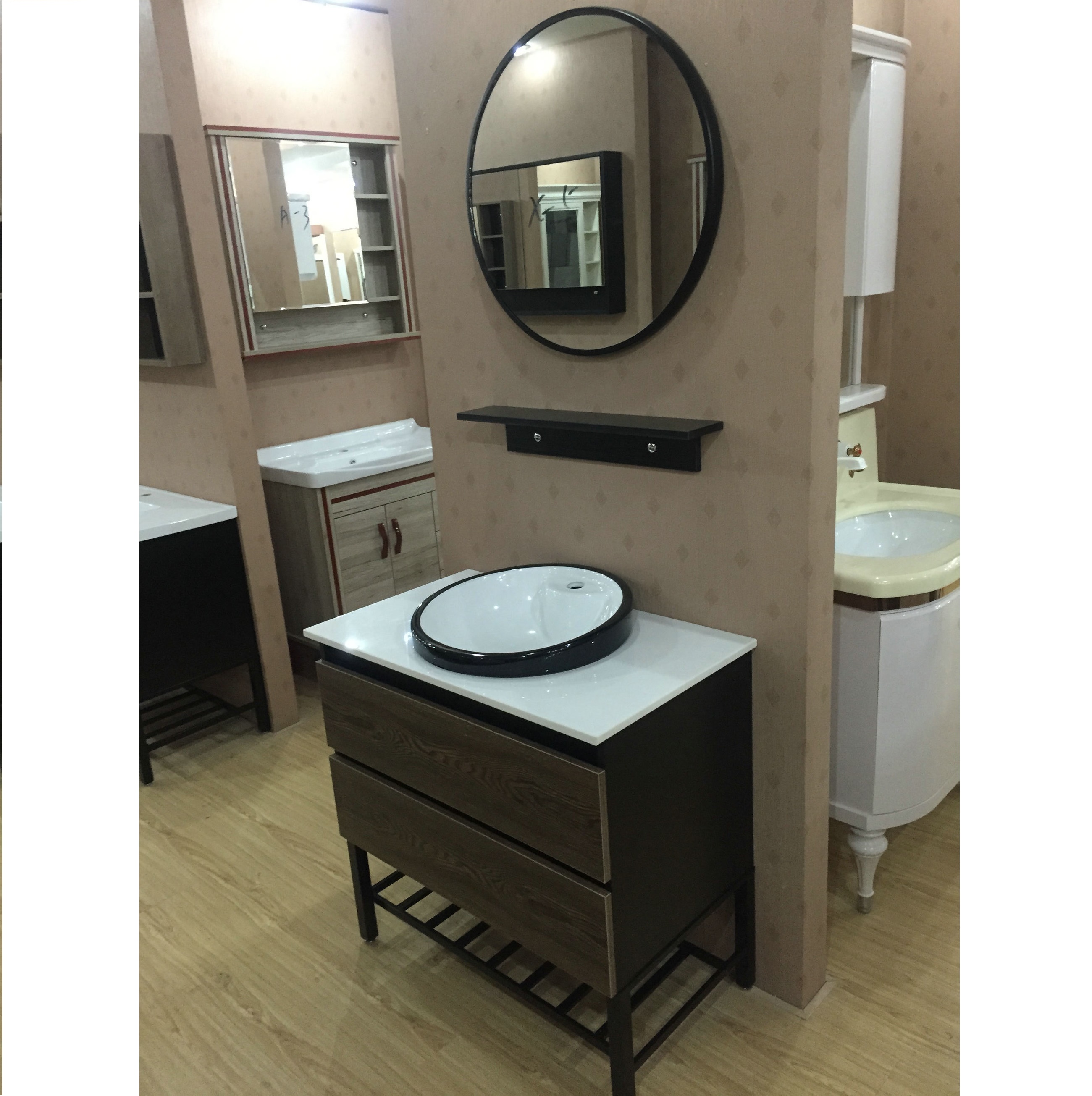 80cm bathroom vanity cabinet with counter top and above in basin and metal shelf legs