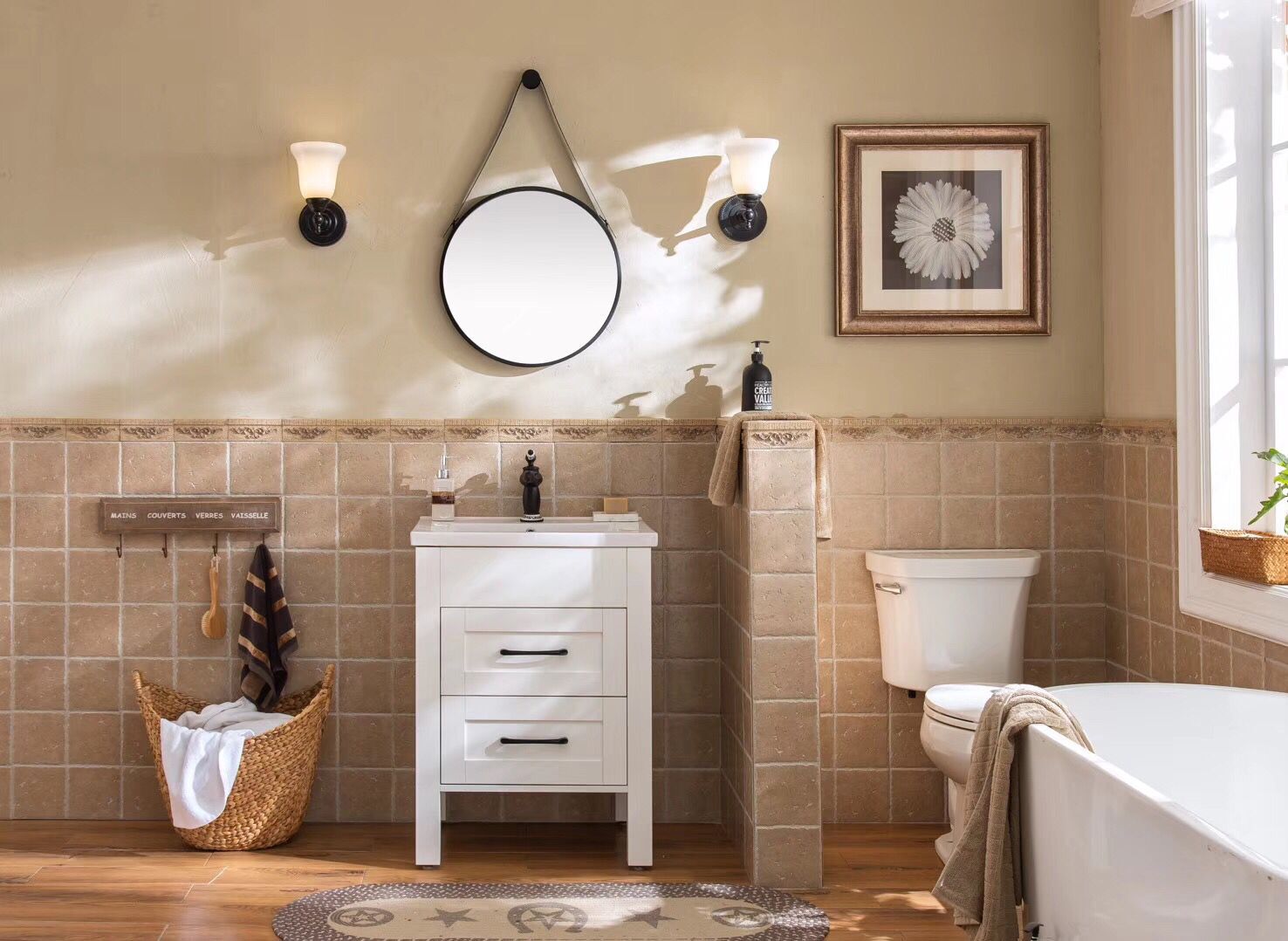 white bathroom vanity cabinet with ceramic basin
