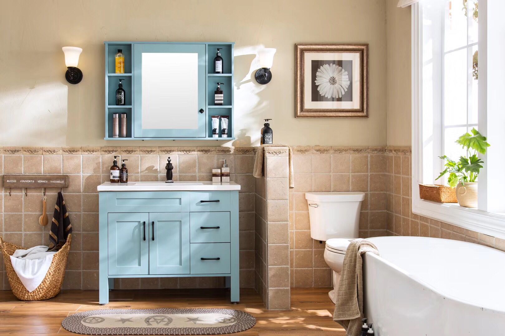 light blue bathroom vanity with medicine cabinet and round iron frame ...