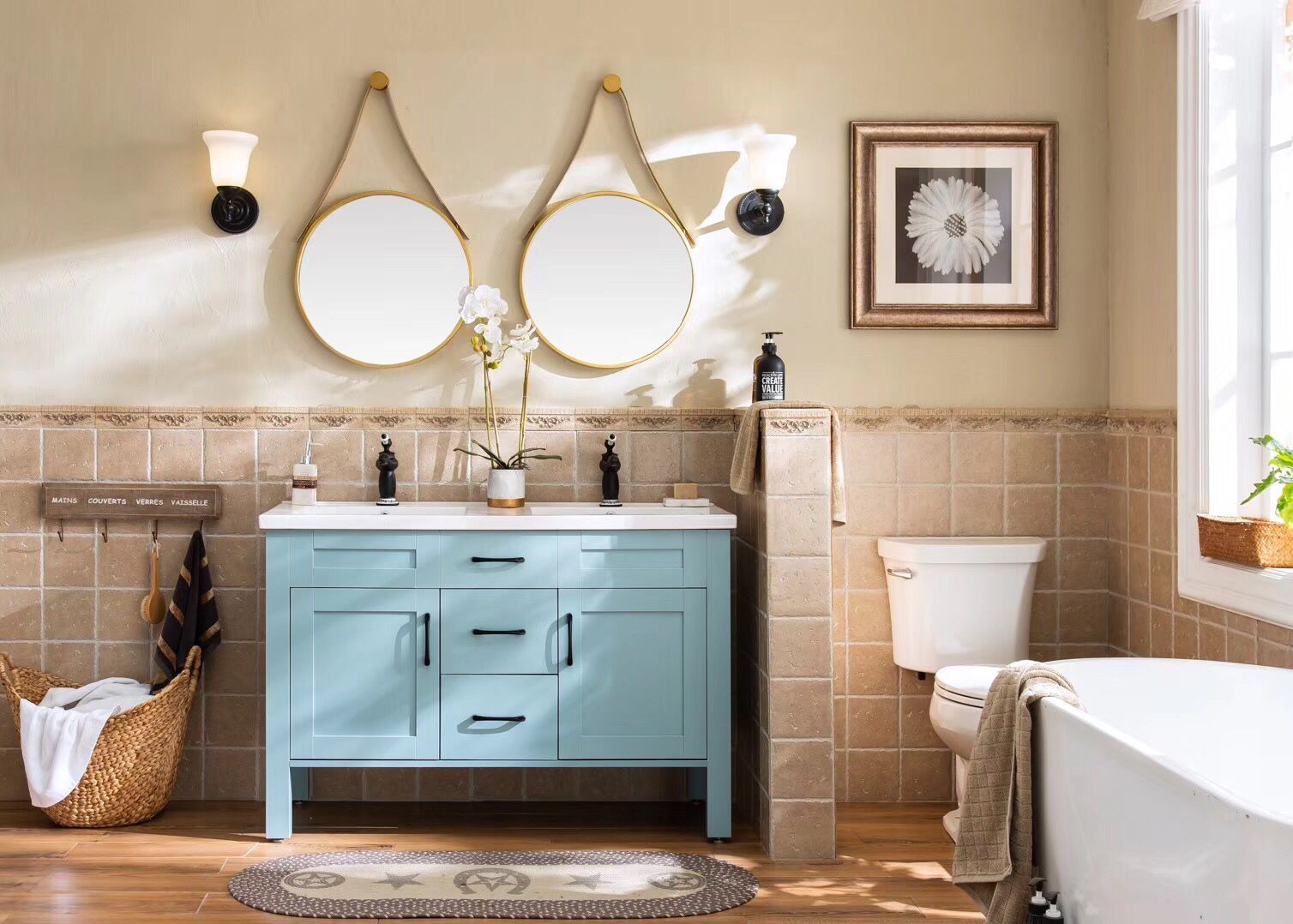 light blue bathroom vanity with medicine cabinet and round iron frame ...