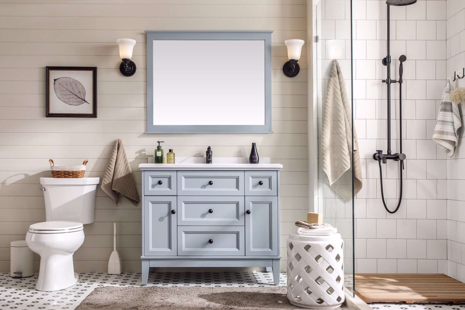 Modern Bathroom Flooring For A Gray Vanity