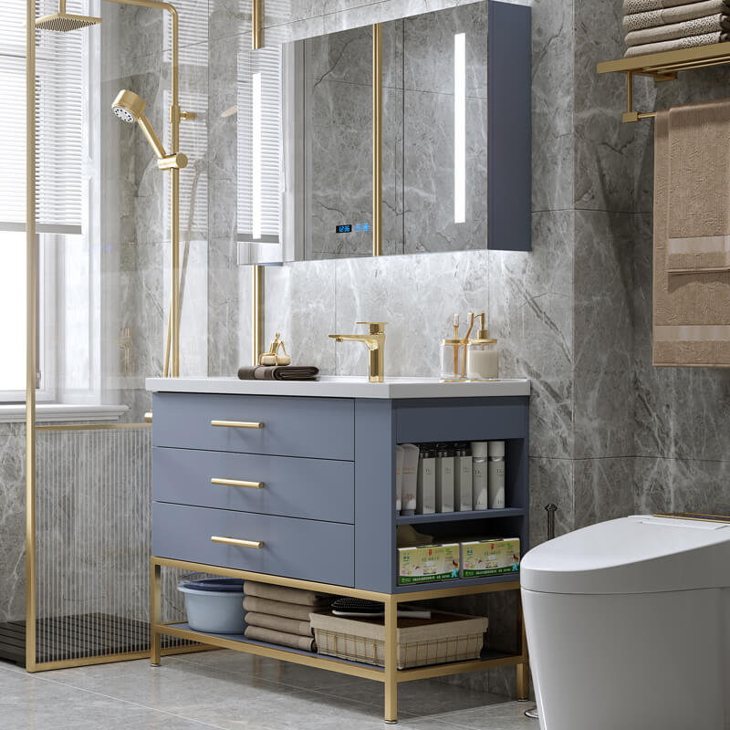 grey color single basin bathroom vanity cabinet with shelf and golden base MCP-7002