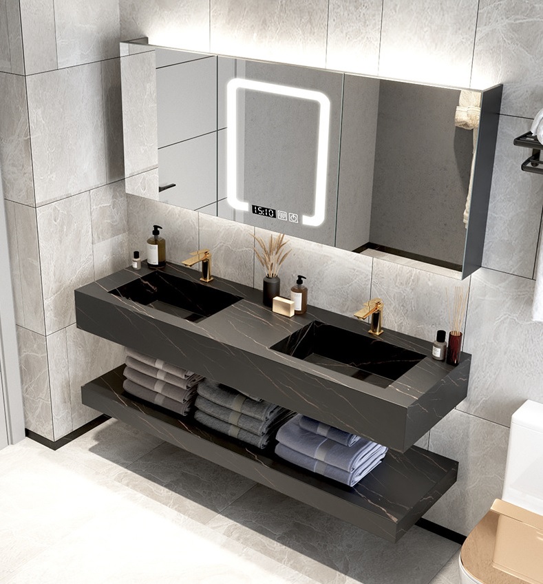 60inch double basin rock stone counter top bathroom vanity 9060-150 