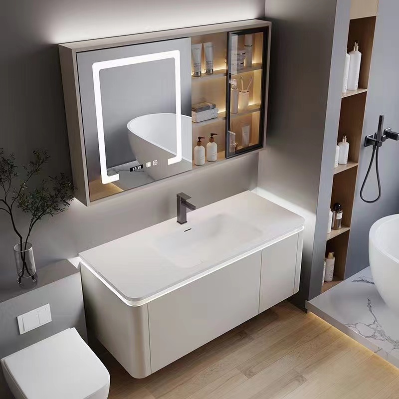 round corner bathroom vanity with led mirror cabinet