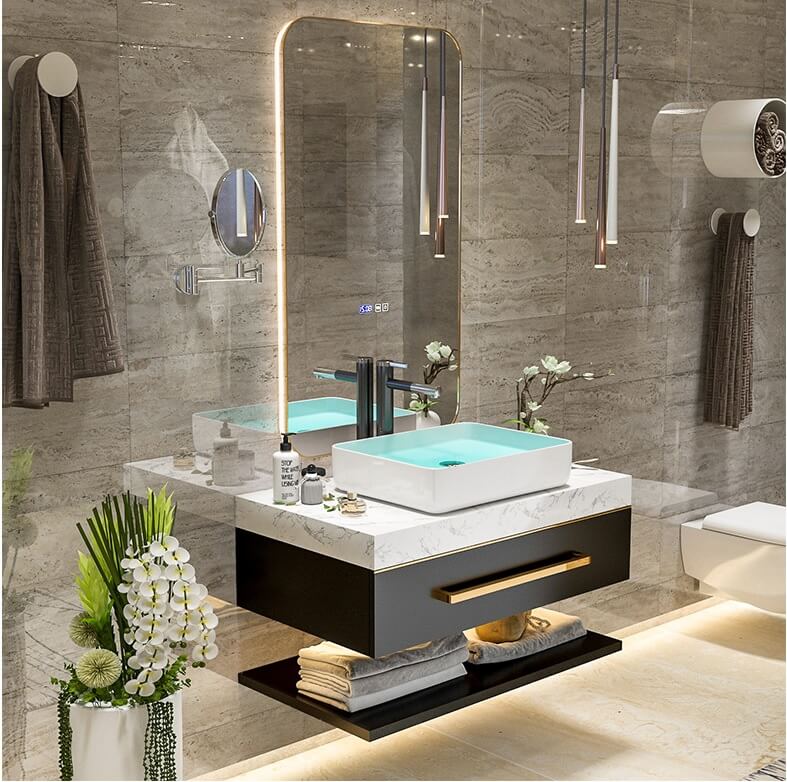 new design bathroom vanity with above basin and led bathroom mirror